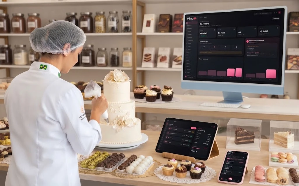 Confeiteira usando o Mimo Pro para organizar pedidos e produção
